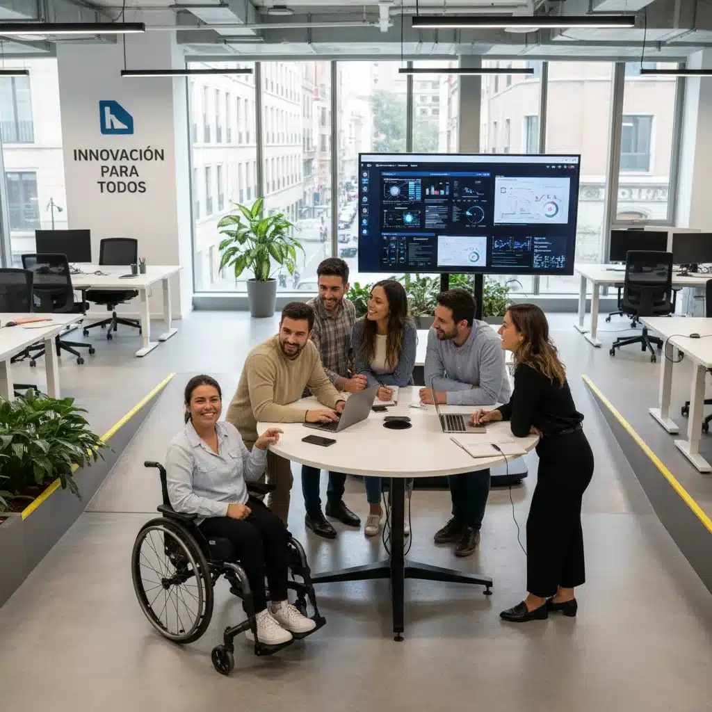 Mujer con discapacidad trabajando en una oficina tecnológica inclusiva en España.