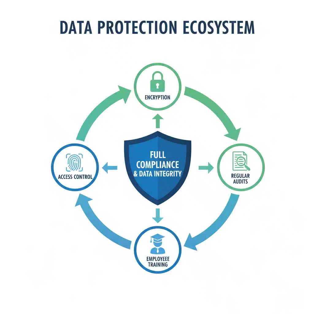 Infografía detallada sobre las medidas de seguridad y protección de datos necesarias para el cumplimiento.