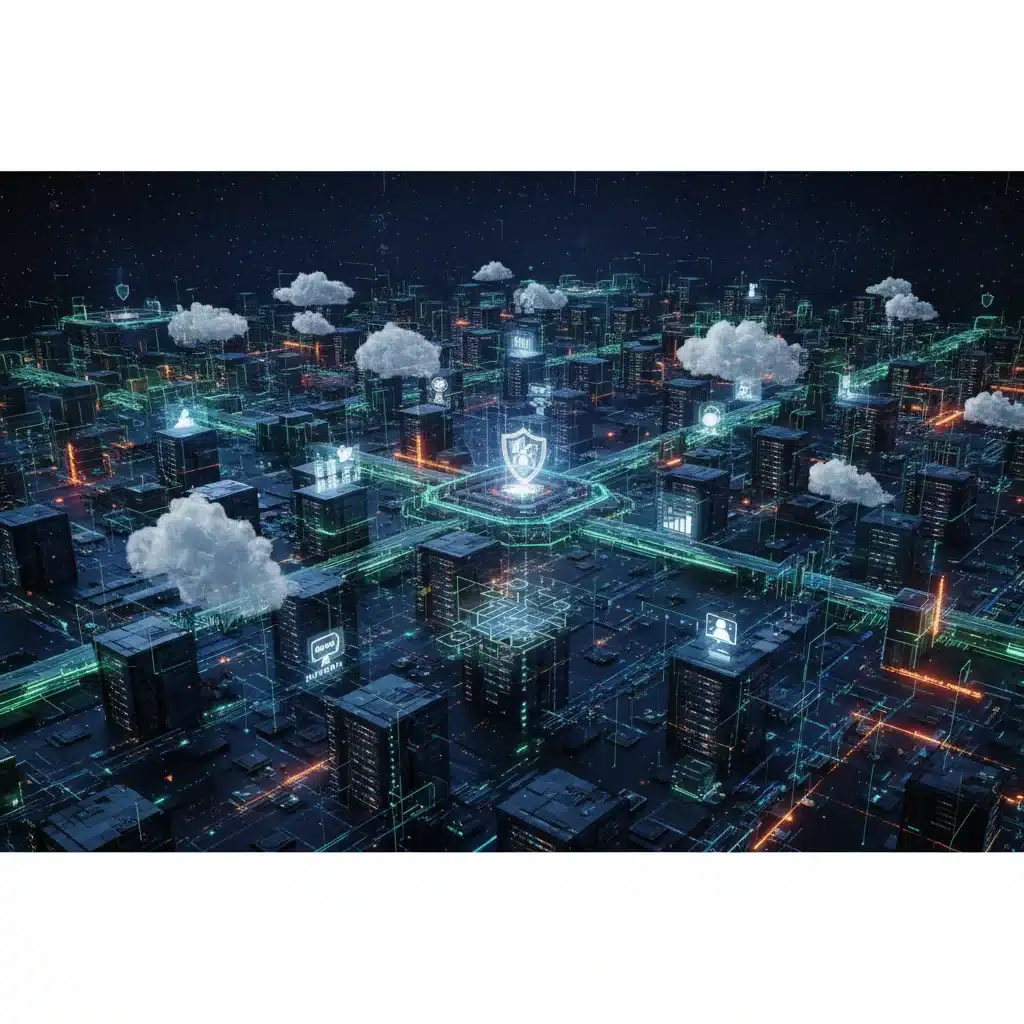 Infraestructura de servidores y nube interconectados, con líneas luminosas que simbolizan la transferencia y el procesamiento de grandes volúmenes de datos en un entorno seguro.