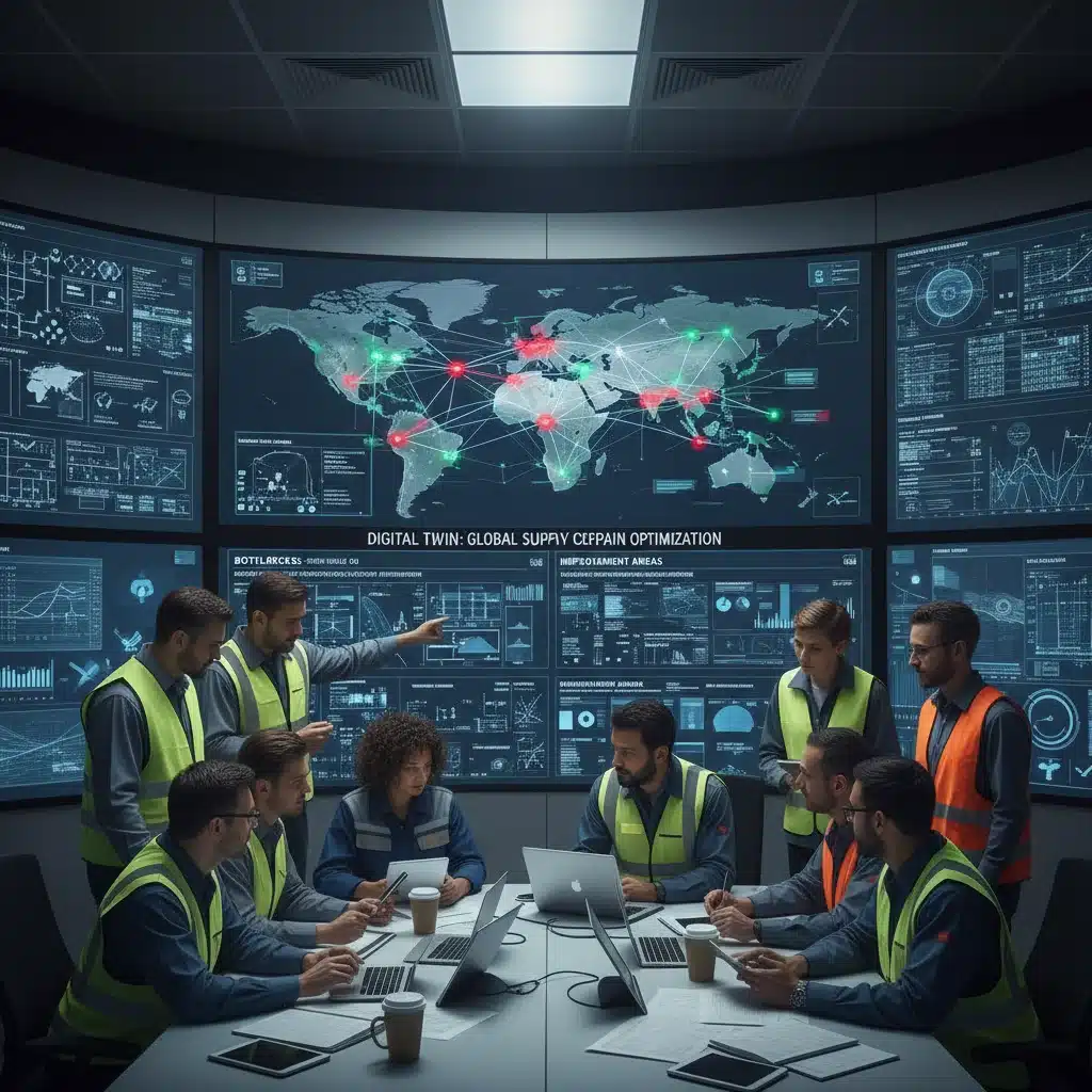 Equipo de ingenieros analizando la cadena de suministro con gemelos digitales