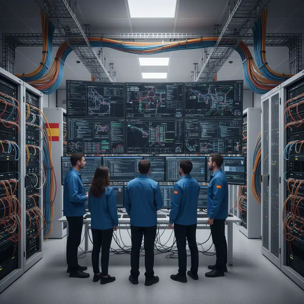 Equipo de ingenieros de red en un centro de datos español monitoreando la infraestructura 5G.