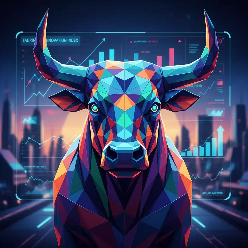 Representación abstracta de un toro con elementos digitales, simbolizando la innovación en la cultura taurina.