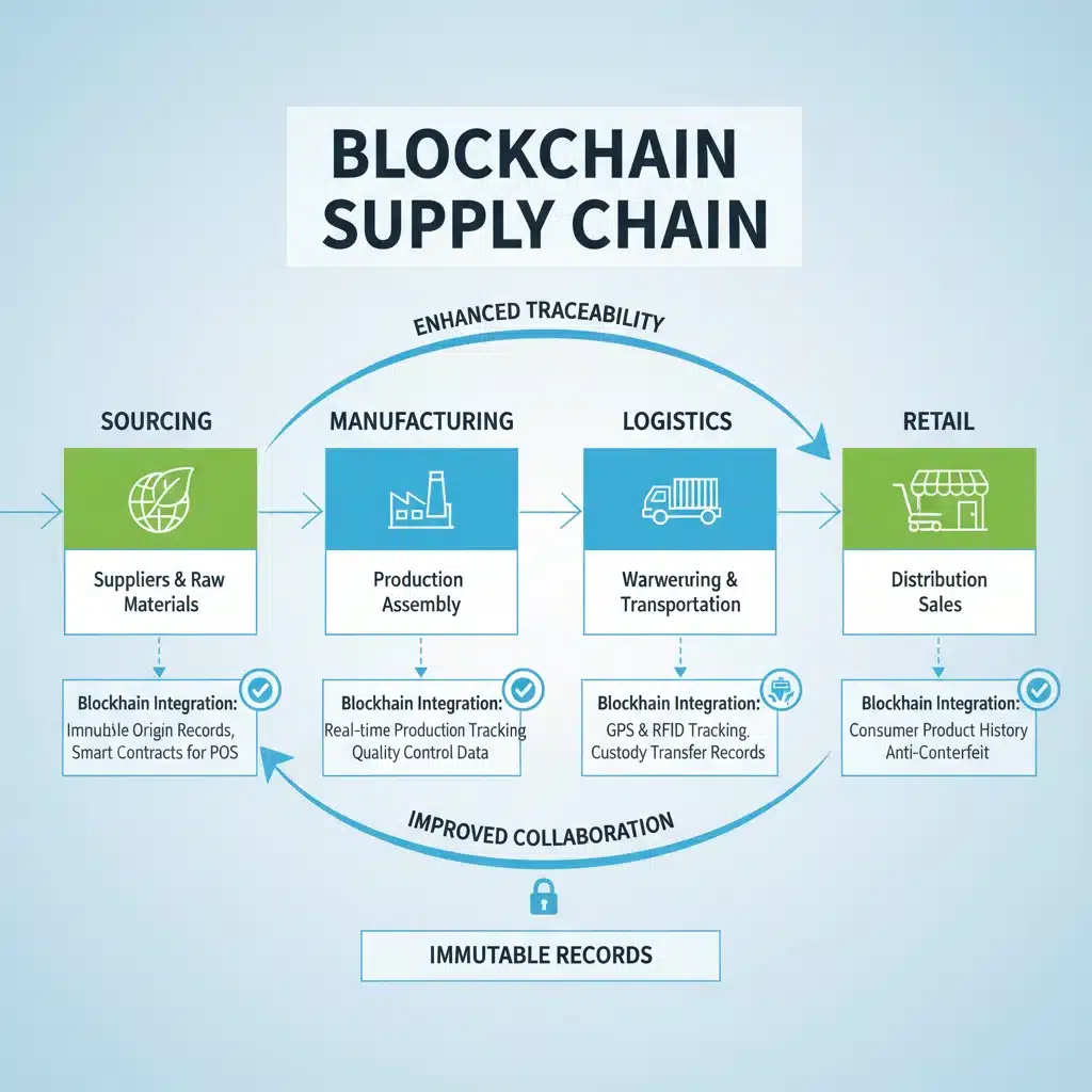Infografía explicando la integración de Blockchain en cada etapa de la cadena de suministro, desde el origen hasta el consumidor final.