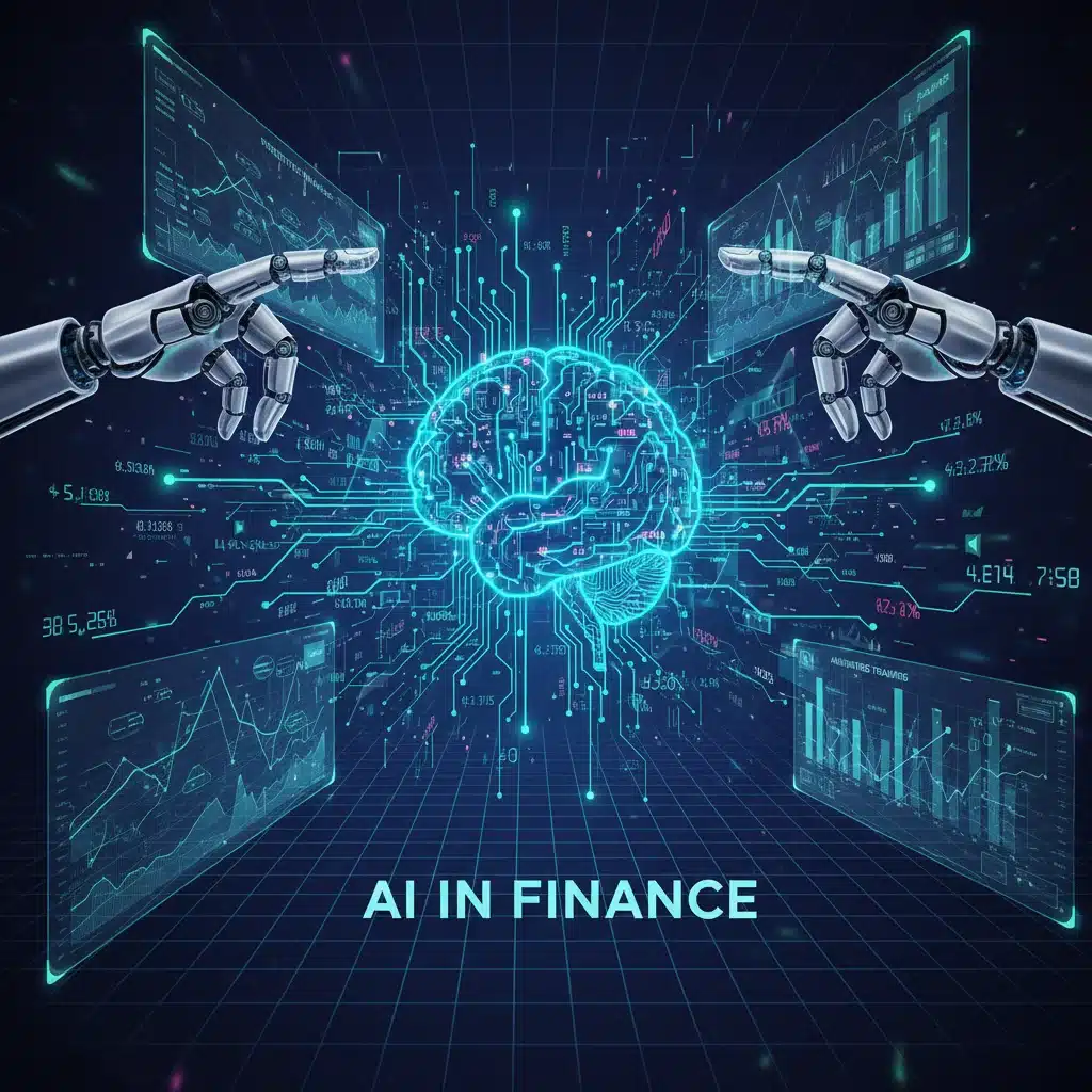 Representación gráfica de la Inteligencia Artificial analizando datos financieros para optimizar procesos bancarios.
