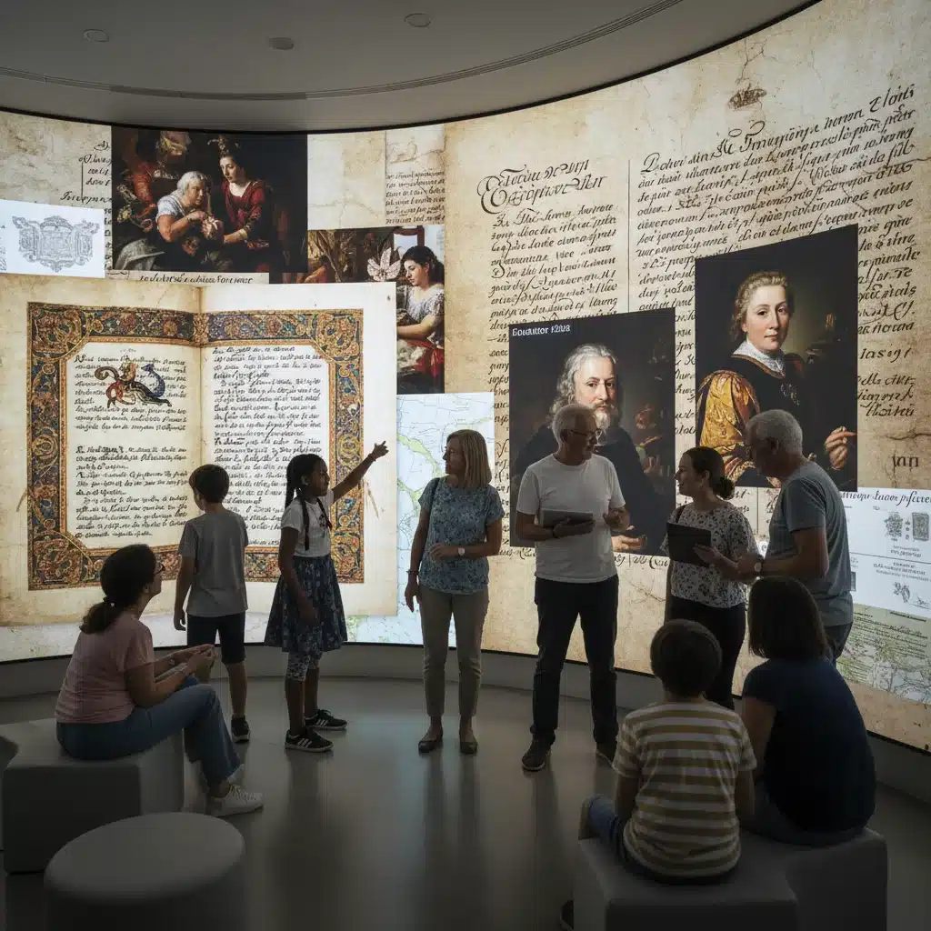 Grupo de personas interactuando con documentos históricos digitalizados en una pantalla táctil.