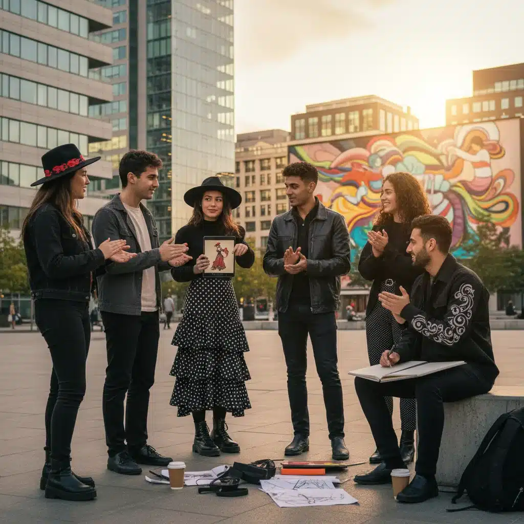 Jóvenes artistas flamencos interactuando con tecnología y moda urbana, fusionando tradición y modernidad.