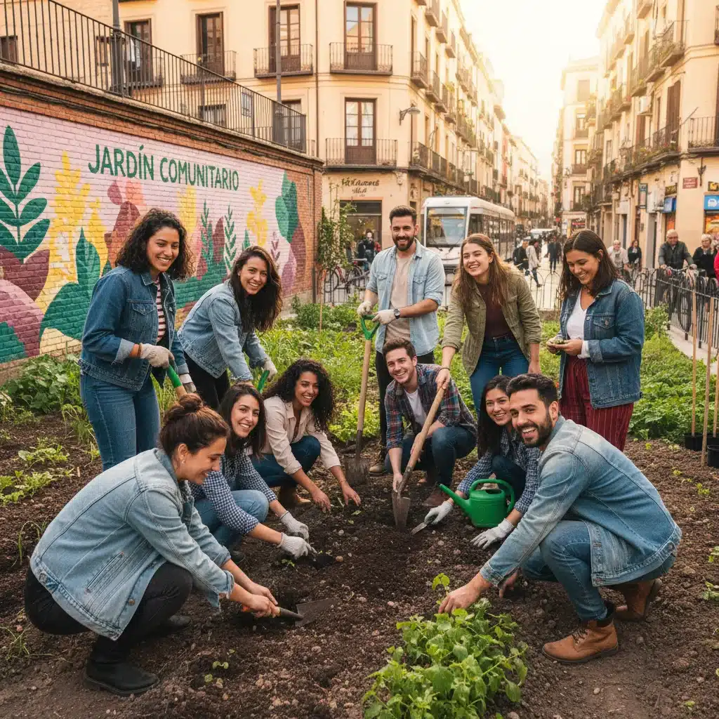 Grupo diverso de jóvenes trabajando en un huerto urbano comunitario, mostrando amistad y colaboración.