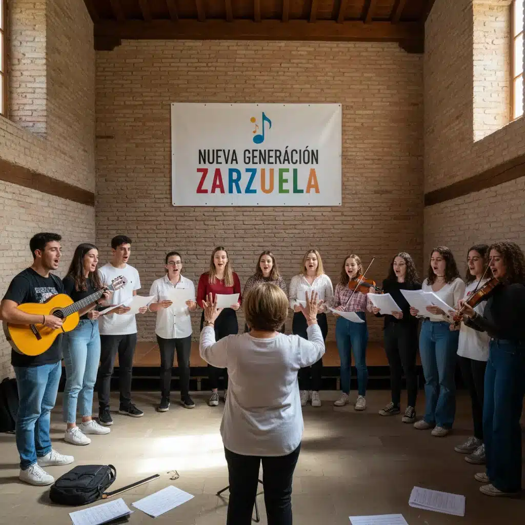 Jóvenes participando en un taller de zarzuela, mostrando interés en el género.