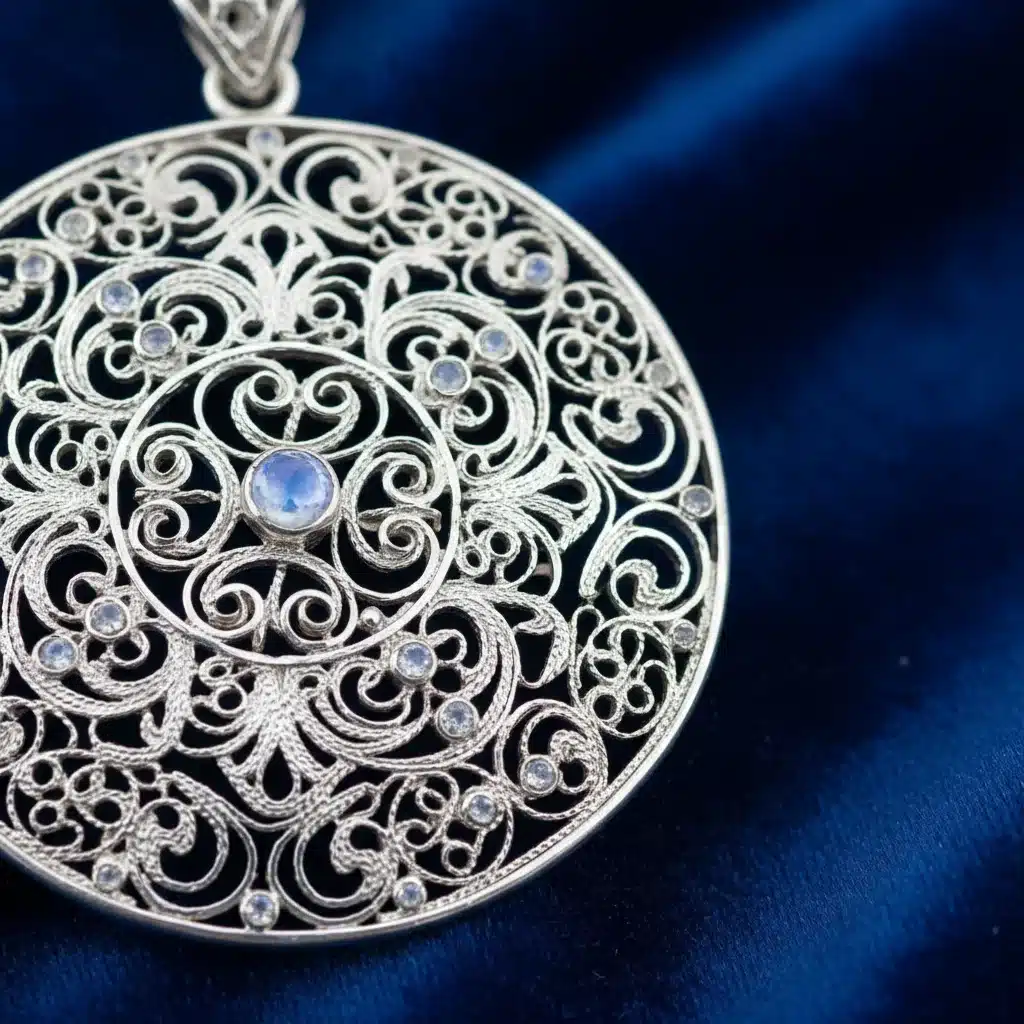 Detalle de una joya de filigrana española, mostrando la delicadeza del trabajo en oro o plata.