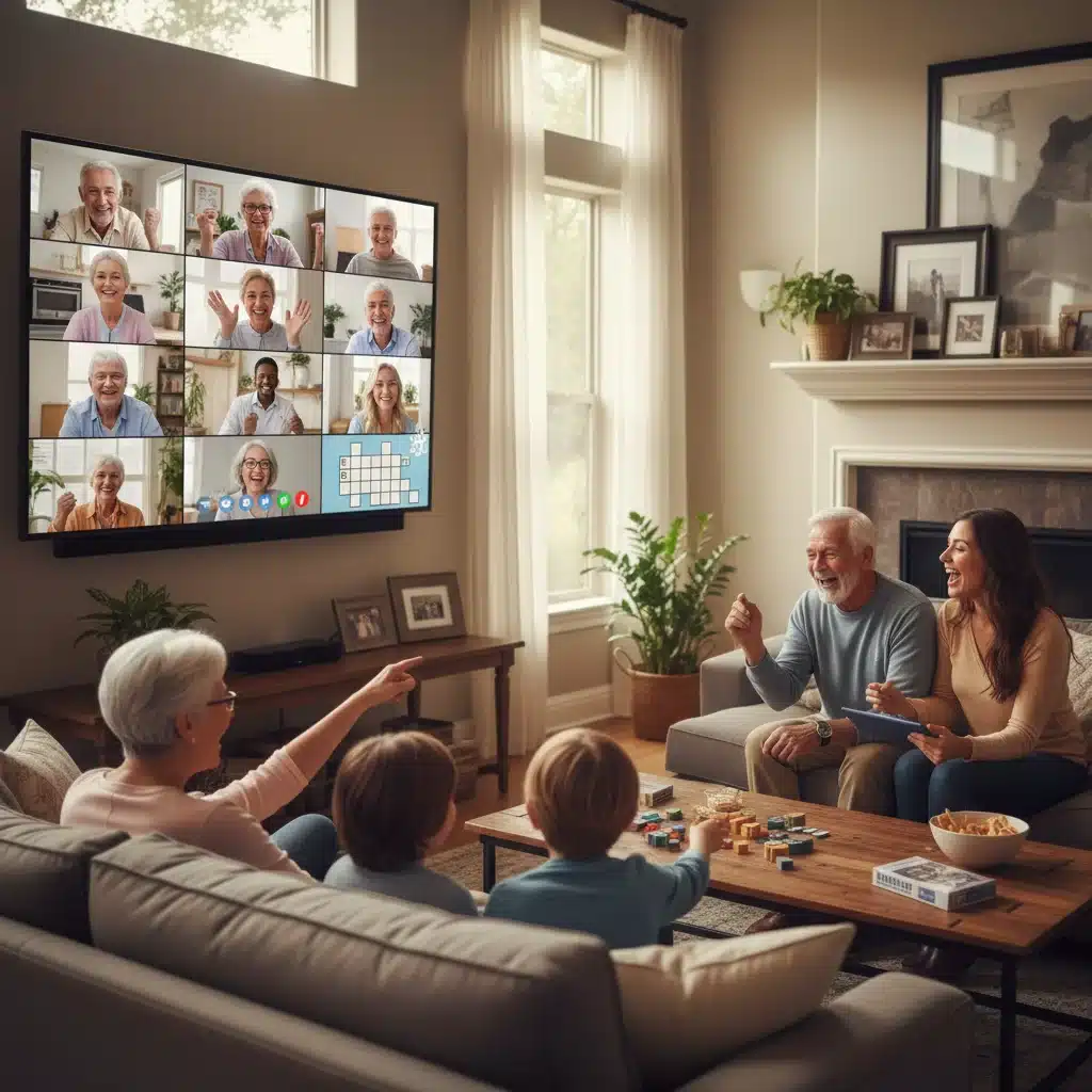 Familia multigeneracional participando en una noche de juegos virtual, riendo y disfrutando de la compañía a través de la tecnología.