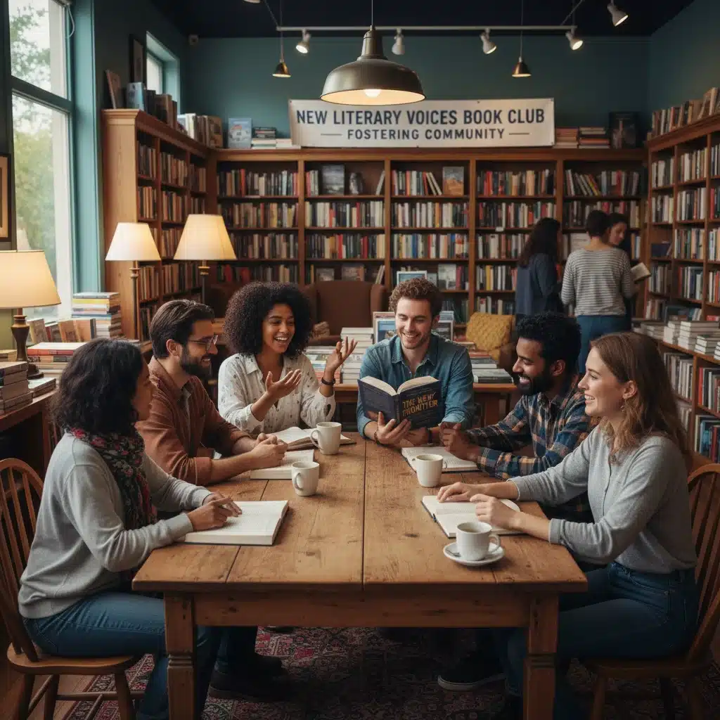 Grupo de jóvenes lectores discutiendo libros en una librería moderna, reflejando el impacto de nuevos autores