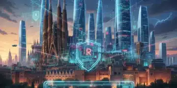 Paisaje urbano futurista con redes neuronales superpuestas sobre edificios españoles, representando el impacto de la Ley de IA en España.