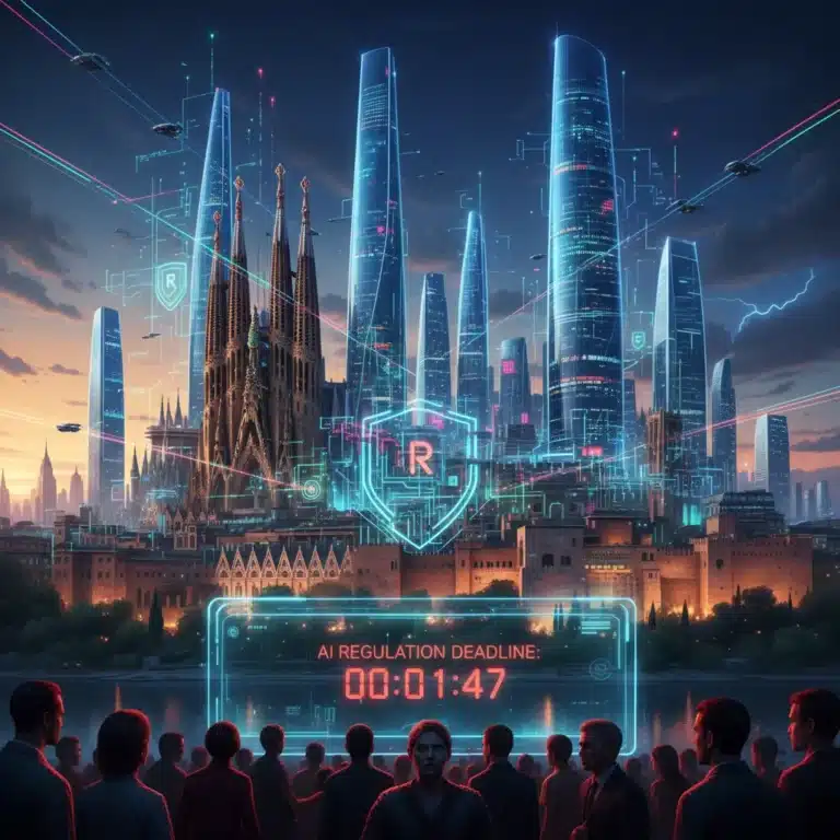 Paisaje urbano futurista con redes neuronales superpuestas sobre edificios españoles, representando el impacto de la Ley de IA en España.