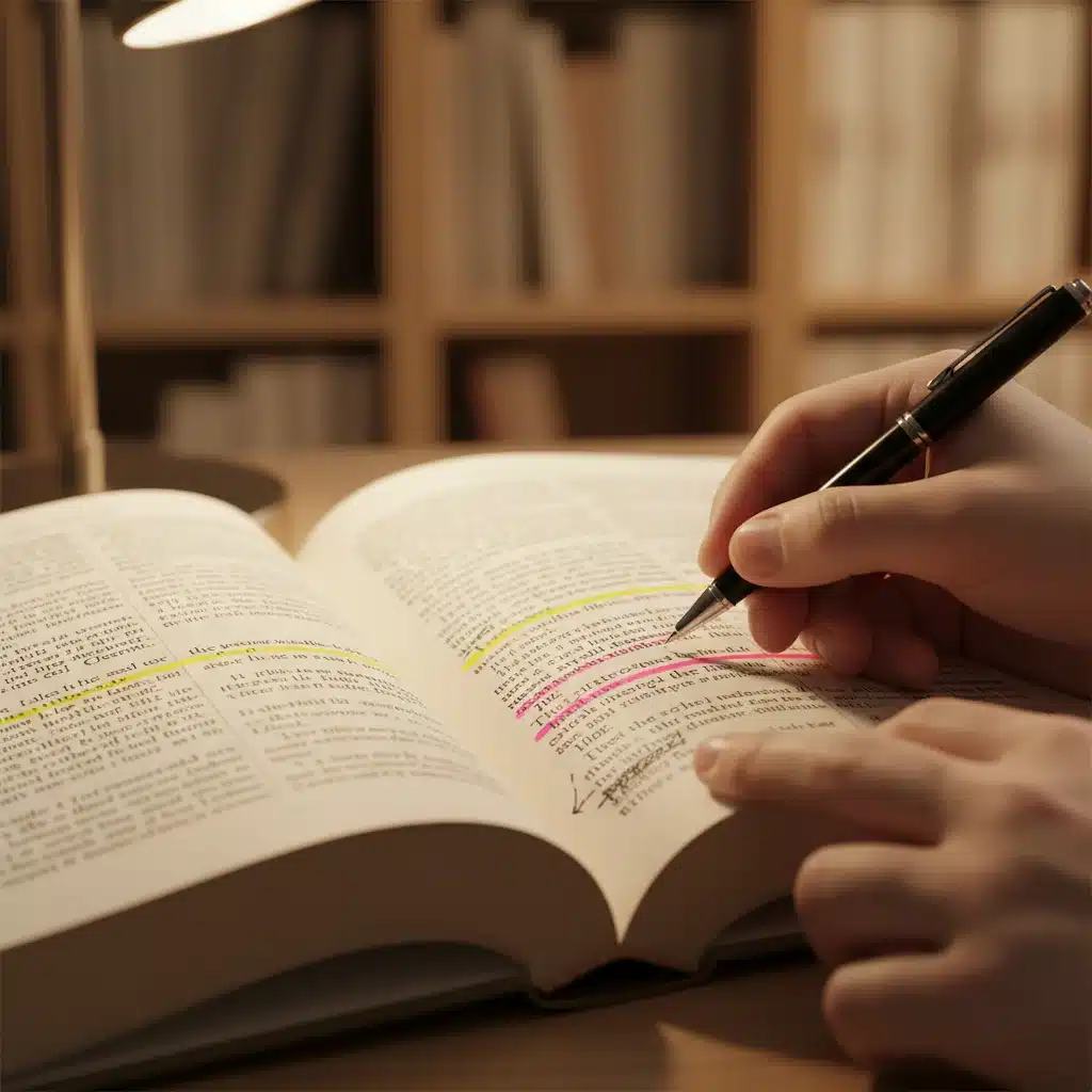Primer plano de un libro abierto con notas y un bolígrafo, representando la lectura activa y la adquisición de conocimiento.