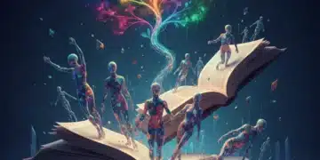 Libros abiertos y figuras abstractas simbolizando la nueva literatura española del siglo XXI