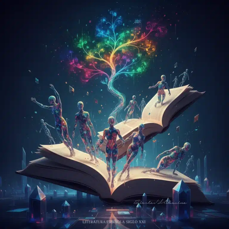 Libros abiertos y figuras abstractas simbolizando la nueva literatura española del siglo XXI