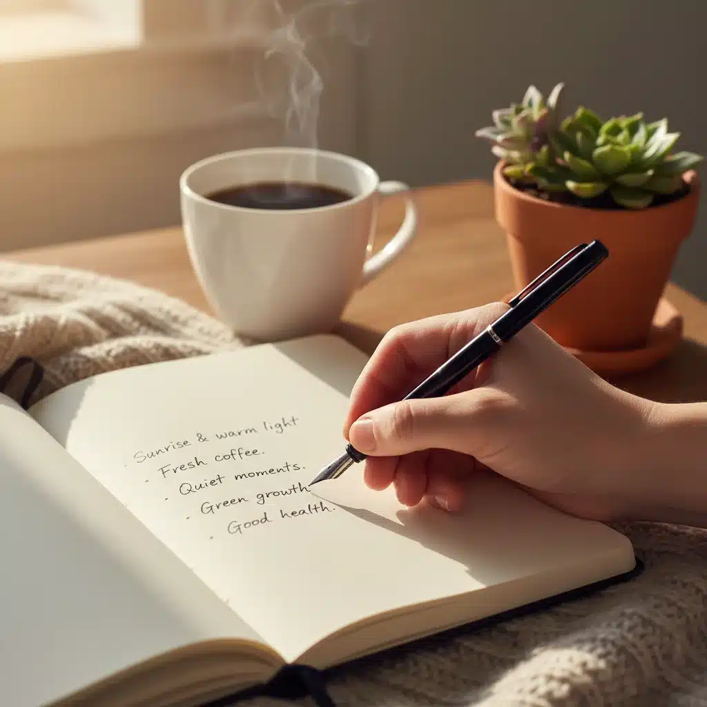 Mano escribiendo en un diario de gratitud con café y planta