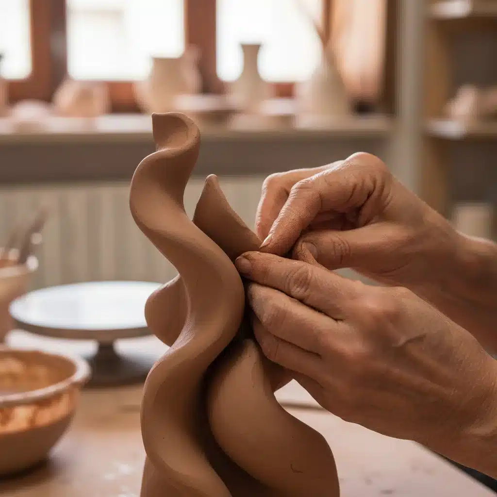 Manos moldeando arcilla con concentración, creando una escultura de cerámica en una sesión de arte terapia, símbolo de sanación.