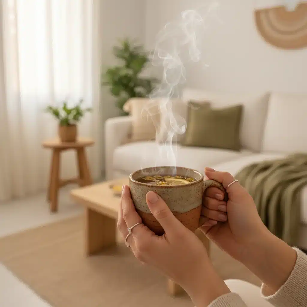 Manos sosteniendo una taza de té de hierbas, transmitiendo calma y relajación en un ambiente acogedor.
