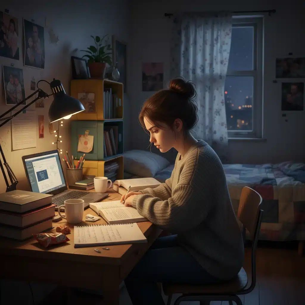 Joven estudiante, María, concentrada en sus estudios nocturnos, mostrando dedicación y esfuerzo académico.