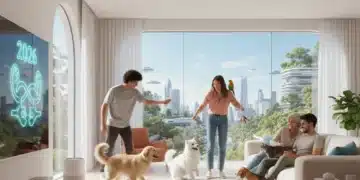 Familia feliz con sus diversas mascotas en un hogar moderno y luminoso español en 2026