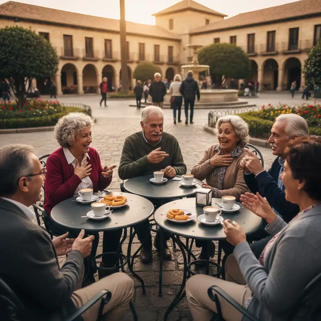 Grupo de personas mayores españolas conversando animadamente en una plaza.