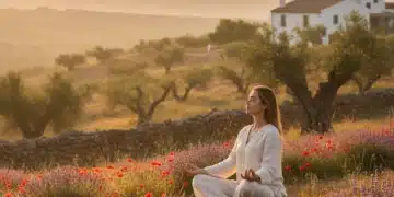 5 Tácticas Diarias para Reducir el Estrés en 2026: Guía Práctica Española Persona meditando al amanecer en un paisaje español, simbolizando la reducción del estrés y el bienestar.