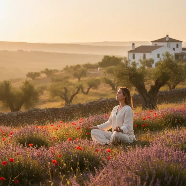 Persona meditando al amanecer en un paisaje español, simbolizando la reducción del estrés y el bienestar.