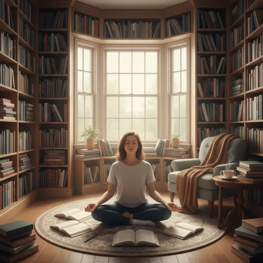 Persona meditando en una biblioteca casera, simbolizando la claridad mental y el crecimiento personal a través de la lectura.