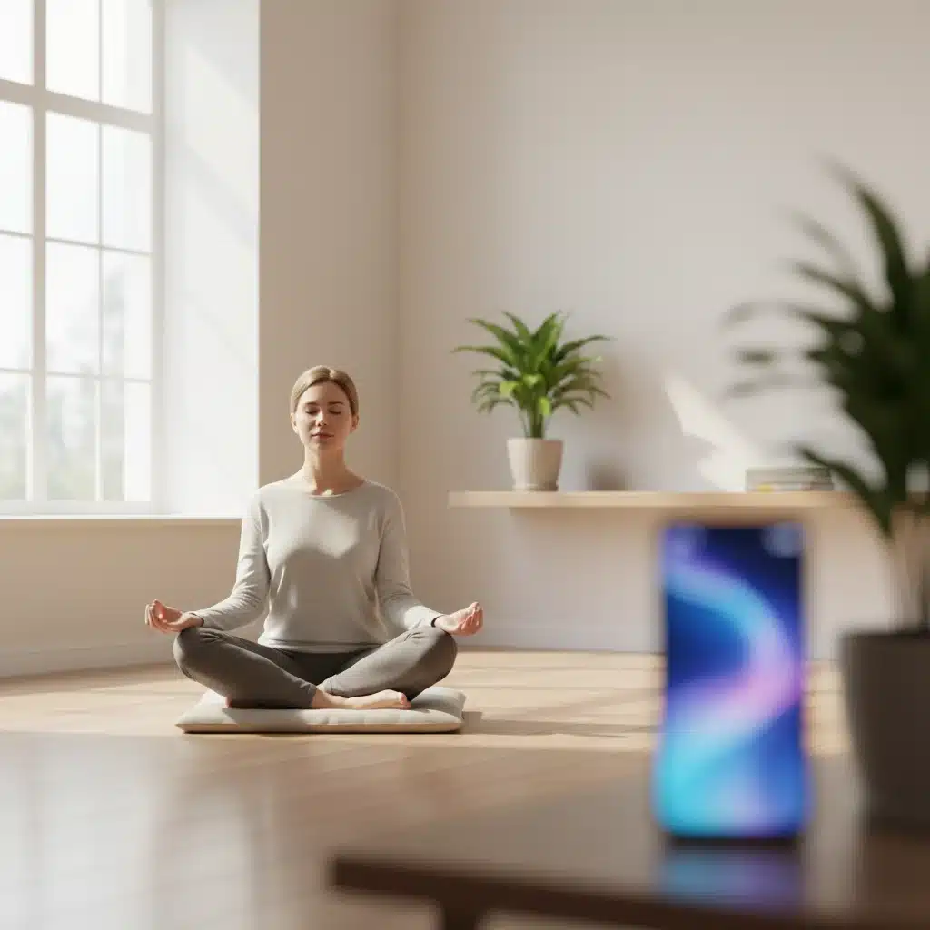 Persona meditando, simbolizando la búsqueda de la calma y el bienestar mental lejos de las pantallas.
