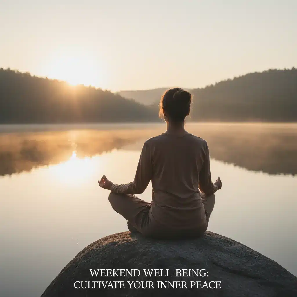 Persona meditando junto a un lago al amanecer, con una postura de meditación, simbolizando la paz y el bienestar mental.