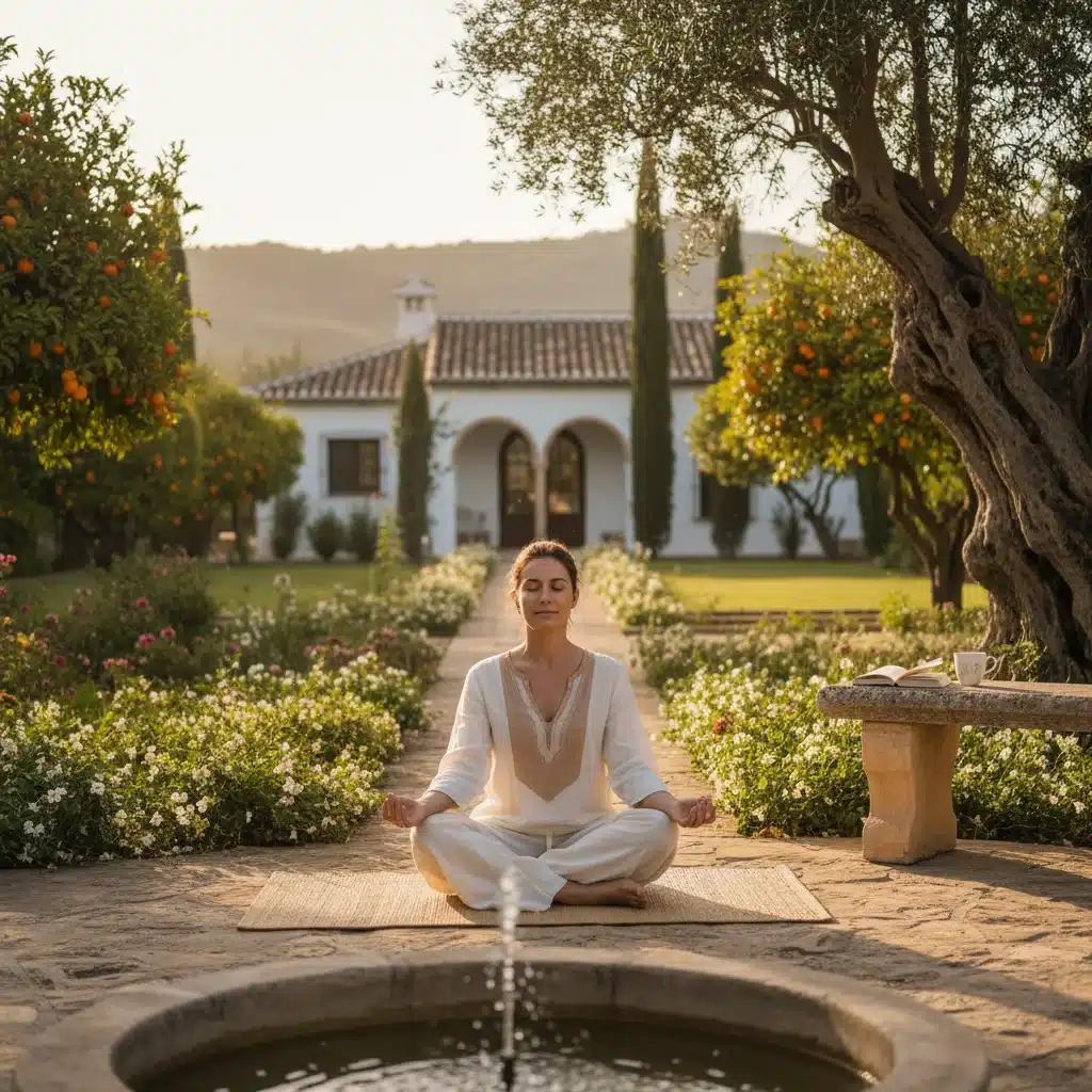Persona meditando en un parque tranquilo de España para desconectar