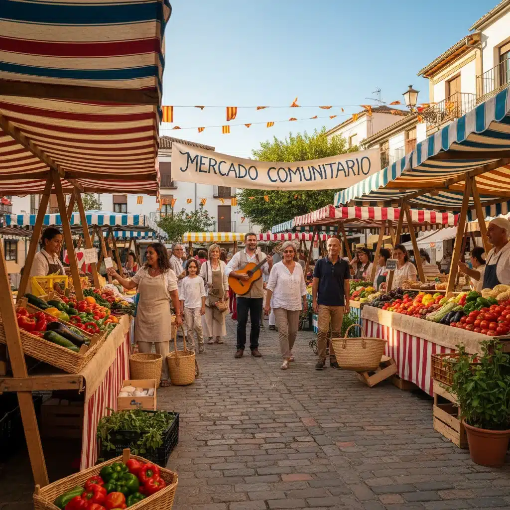 Mercado de productores locales en una plaza española, fomentando la economía circular y la unión vecinal.