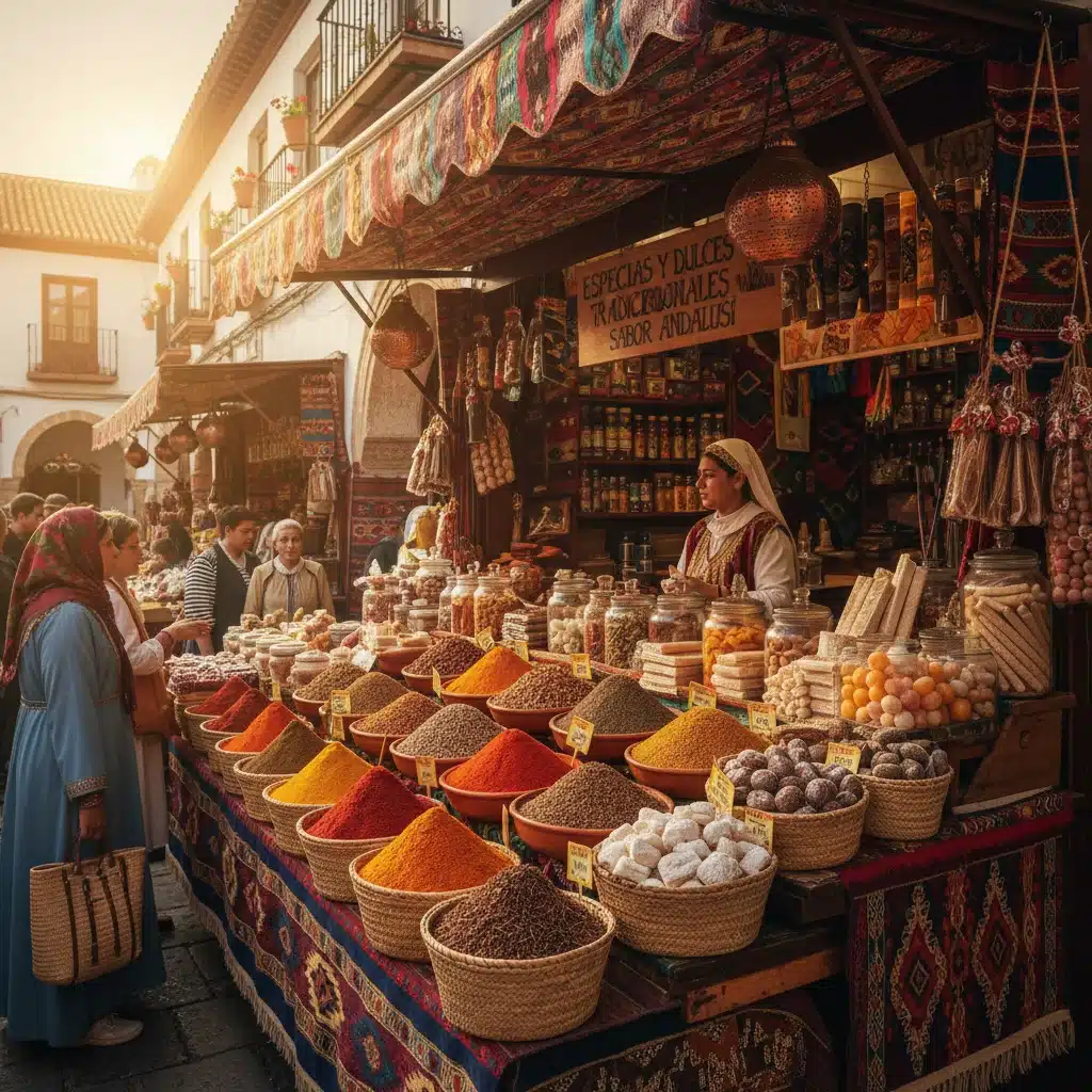 Puesto de especias y dulces en un mercado español, herencia de la gastronomía árabe.