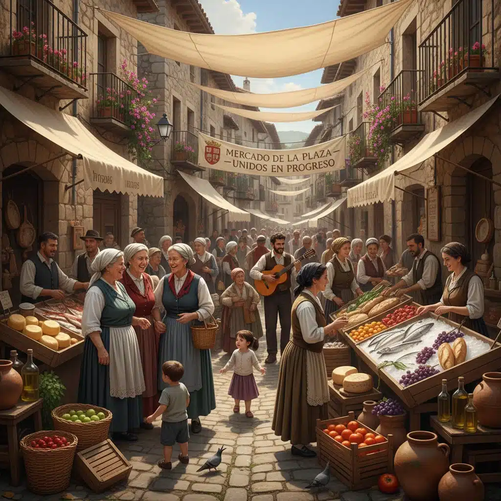 Mercado local vibrante en un pueblo español, con gente y productos frescos