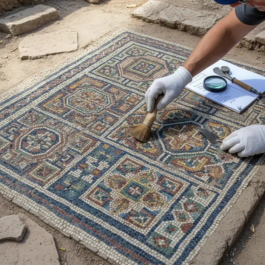 Primer plano de un antiguo mosaico romano siendo limpiado y documentado por un arqueólogo.