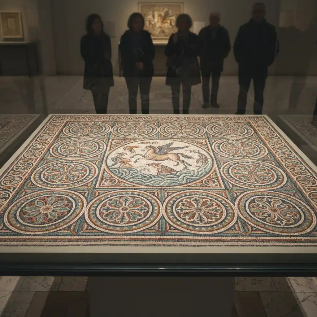 Detalle de un mosaico romano antiguo expuesto en un museo, colores vibrantes y patrones complejos