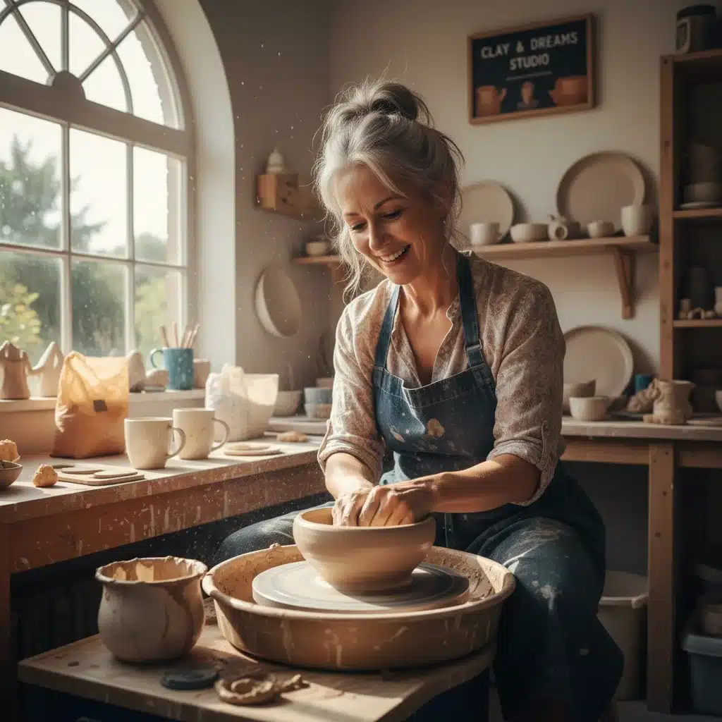 Mujer mayor de 50 felizmente trabajando en un torno de alfarería, simbolizando un cambio de carrera creativo y exitoso.