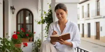Cultivar Gratitud Diaria: 2 Ejercicios Simples para Mejorar tu Bienestar Emocional en España Mujer escribiendo en un diario de gratitud en un balcón soleado en España