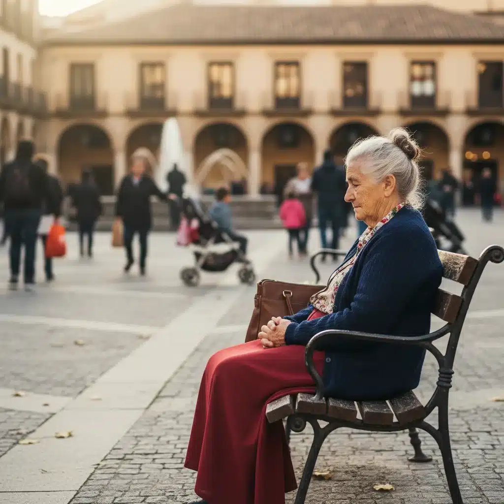 Mujer mayor sentada sola en un banco de parque español, reflexionando sobre la soledad en la vejez.
