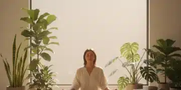 Mujer meditando en un entorno tranquilo, simbolizando paz y bienestar mental.