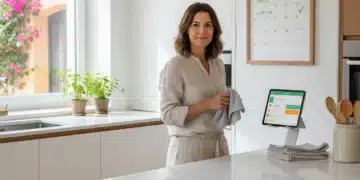 Gestión Eficiente Tareas Domésticas: Ahorra 3 Horas Semanales Mujer organizada limpiando cocina, estrategia semanal de tareas domésticas.