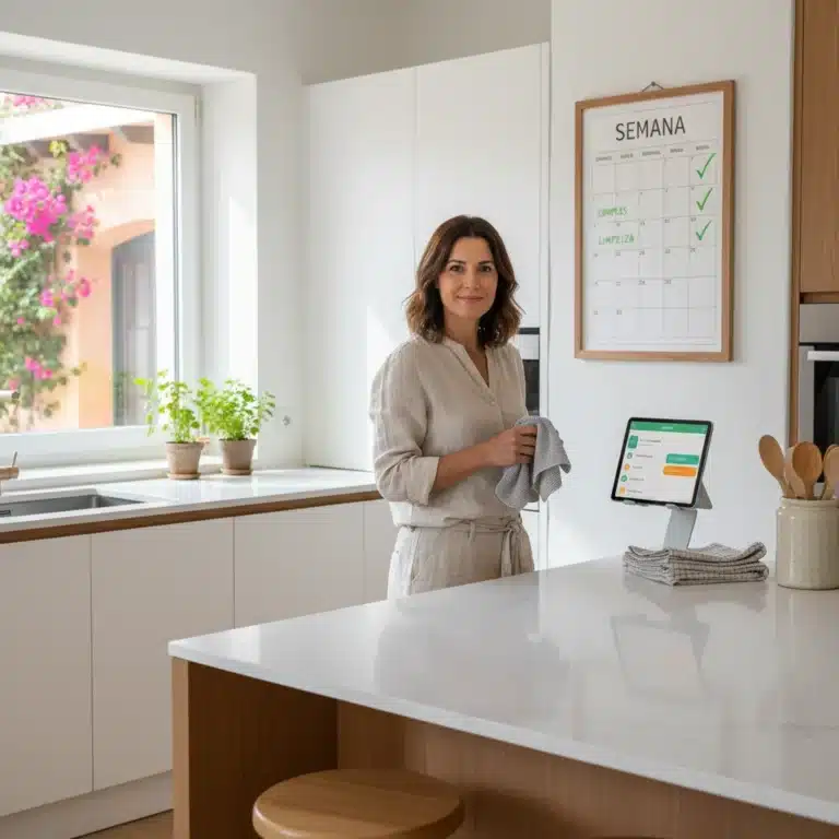 Mujer organizada limpiando cocina, estrategia semanal de tareas domésticas.