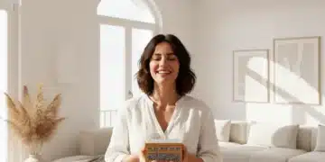 Orden en Casa: 5 Métodos Eficaces para Reducir el Desorden un 50% en un Mes Mujer sonriendo en un salón español moderno y ordenado, símbolo de un hogar organizado y tranquilo.