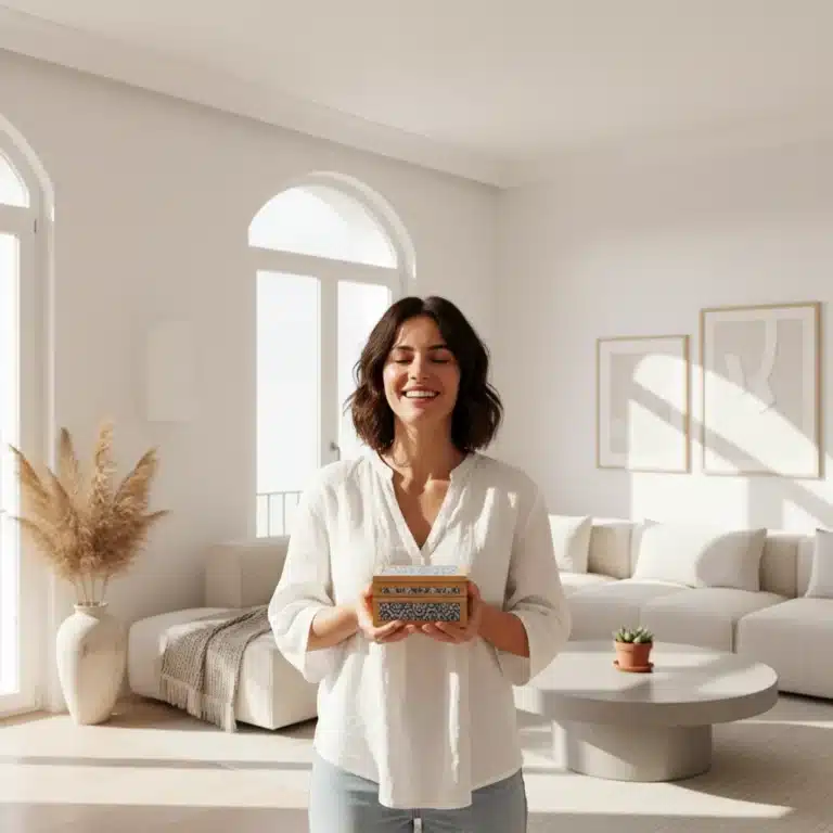 Mujer sonriendo en un salón español moderno y ordenado, símbolo de un hogar organizado y tranquilo.
