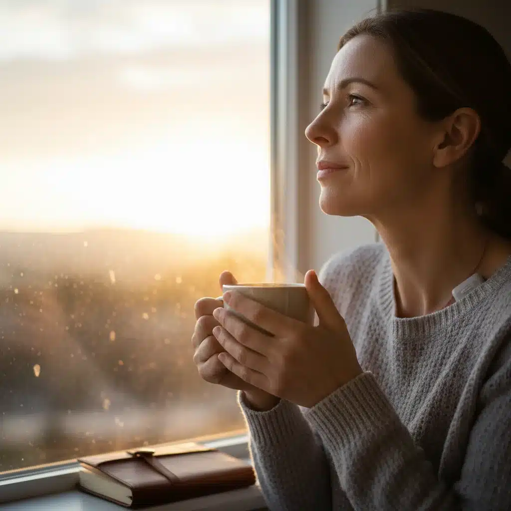Mujer con expresión decidida y serena, mirando al horizonte, simbolizando esperanza y fortaleza interior frente a una enfermedad crónica.