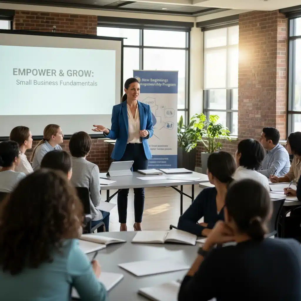 Mujer empoderada liderando un taller de negocios, simbolizando superación y éxito tras adversidades.