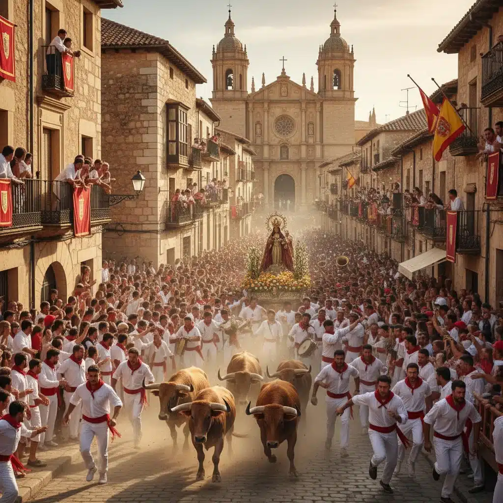 Multitud vibrante en una romería o encierro español.
