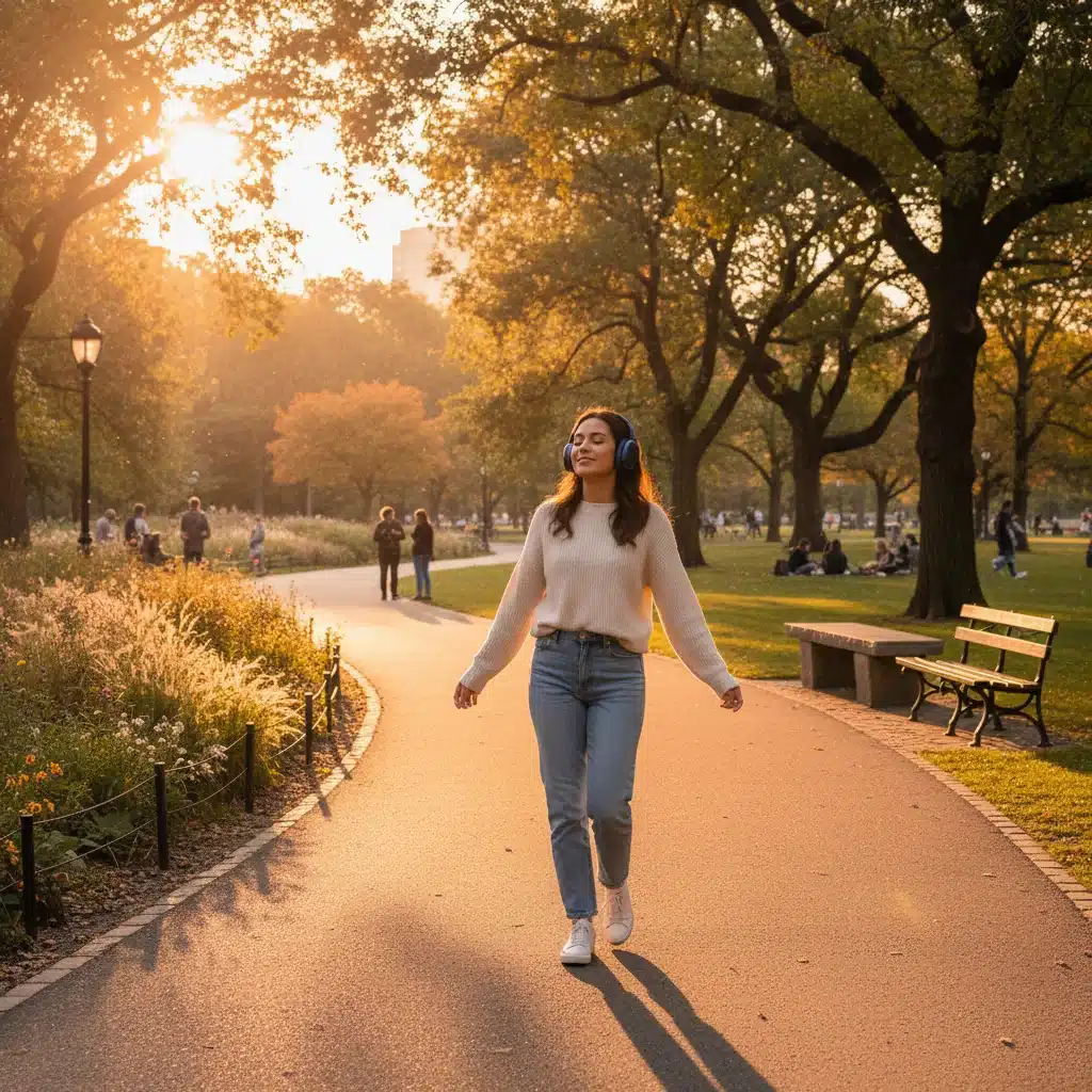 Persona escuchando música relajante en un parque al atardecer.