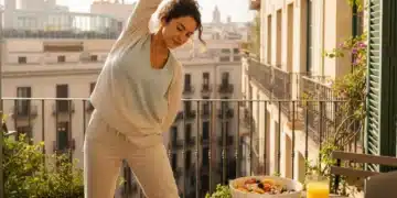 Optimiza tu Mañana: 3 Hábitos Clave para Aumentar la Productividad en España Mujer optimizando su rutina matutina en un apartamento soleado en España, estirándose y preparando su día.